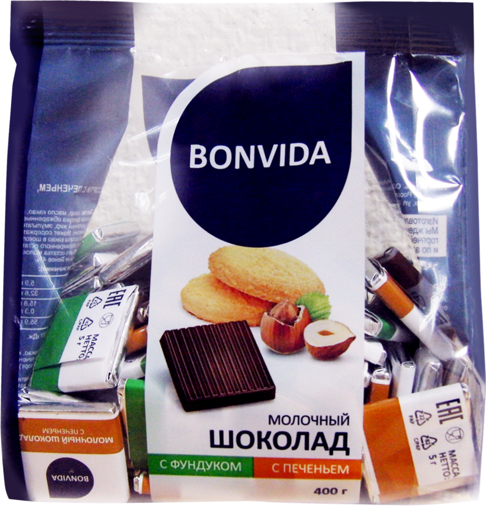 

Шоколад молочный BONVIDA Ассорти с печеньем и фундуком