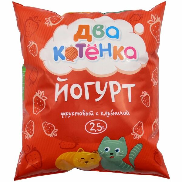 Йогурт Два Котёнка питьевой с клубникой для детского питания 2.5%, 500мл