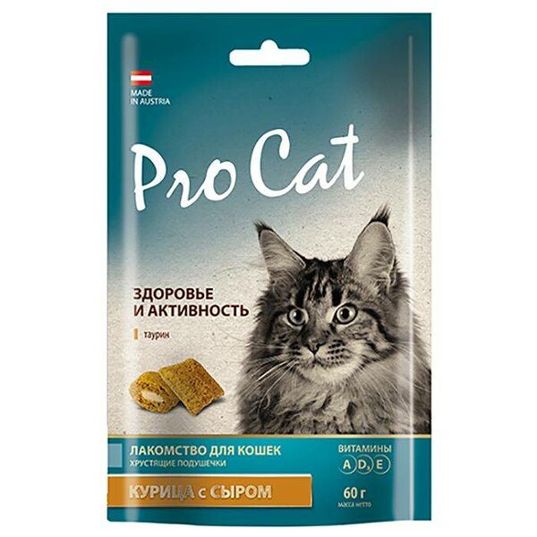 Лакомство для кошек PRO CAT Подушечки &quot;Здоровье и активность&quot; Курица/Сыр 60г (упаковка - 10 шт)