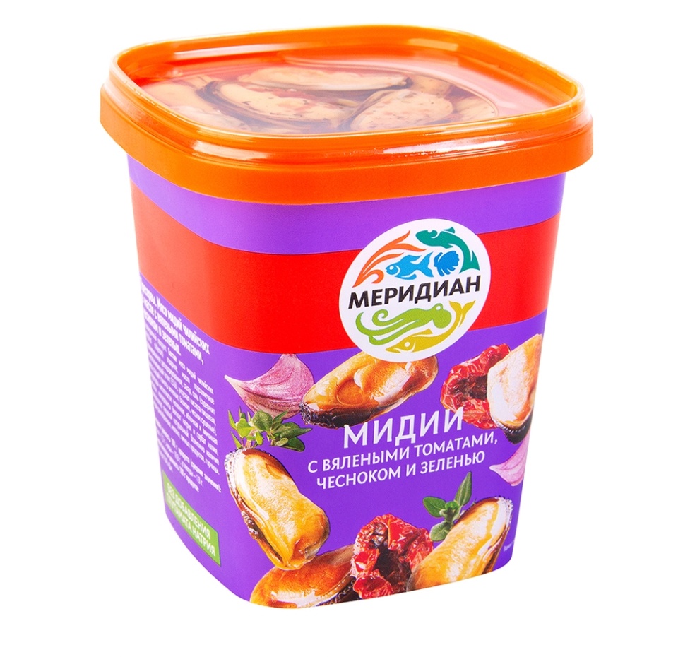 

Мидии Меридиан в масле с вялеными томатами чесноком и зеленью, 415 г