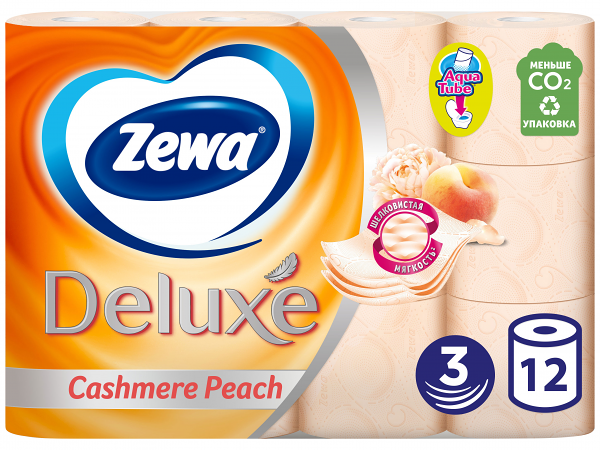 Туалетная бумага Zewa Deluxe Персик, 3 слоя, 12 рулонов