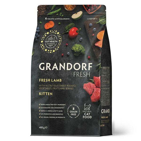 Сухой Беззерновой корм Grandorf Fresh с живыми пробиотиками для котят от 3 недель, беременных и кормящих кошек, с мясом ягненка и бататом 400 г