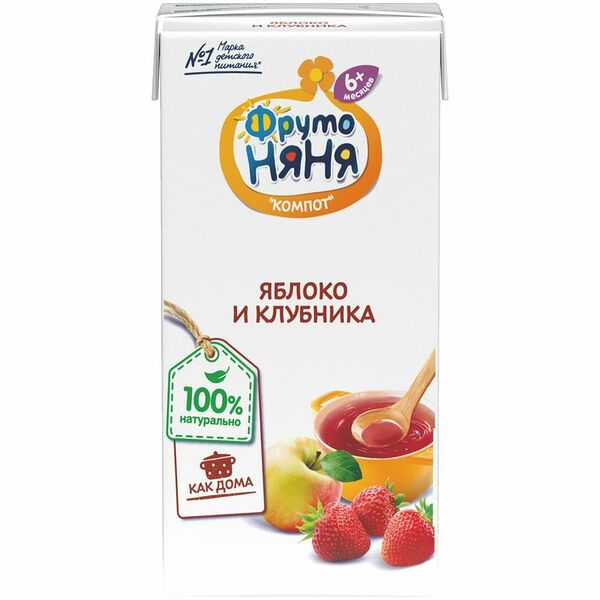 Компот ФрутоНяня яблочно-клубничный сокосодержащий неосветлённый, 200мл