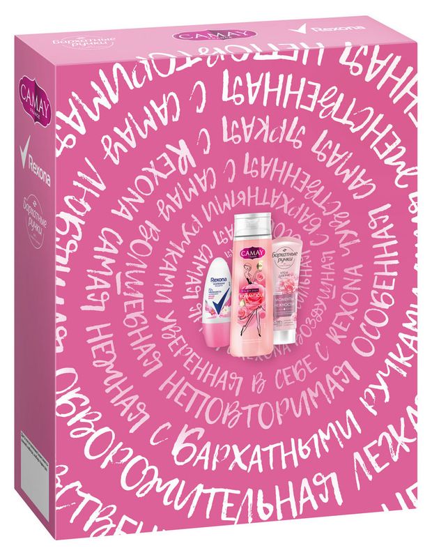 

Набор: Гель для душа Camay 250 мл, Дезодорант Rexona 50 мл, Крем для рук Бархатные ручки 80 мл