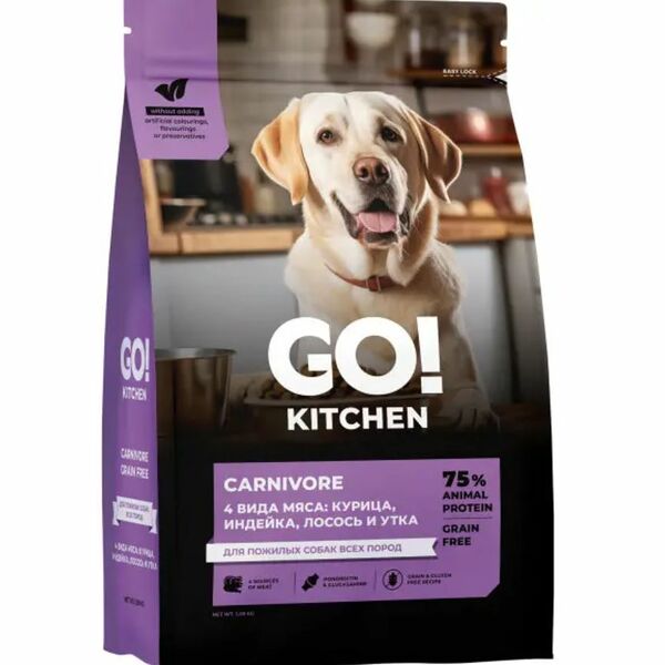 Go'Kitchen GRAIN FREE SENIOR 4 Meat Recipe Беззерновой корм для пожилых собак всех пород с курицей, индейкой, лососем и уткой  1590 г