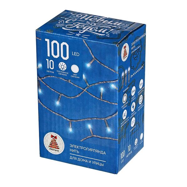 Сноу бум гирлянда эл. вьюн 10м, 100 led, белый, пост. свеч., пвх прозр., коннектор, 220в