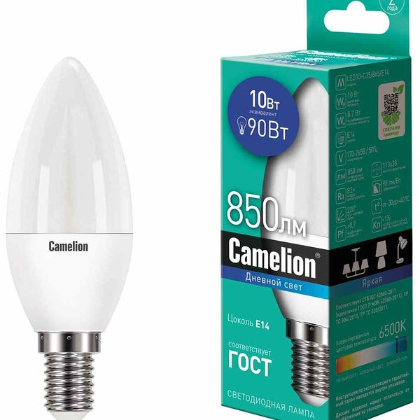Лампа светодиодная Camelion E14 6000К свеча, 10 Вт