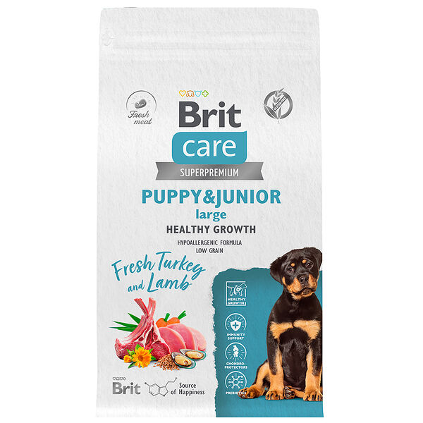 Корм сухой для щенков крупных пород Brit Care Dog Puppy&Junior L Healthy Growth индейка-ягненок
