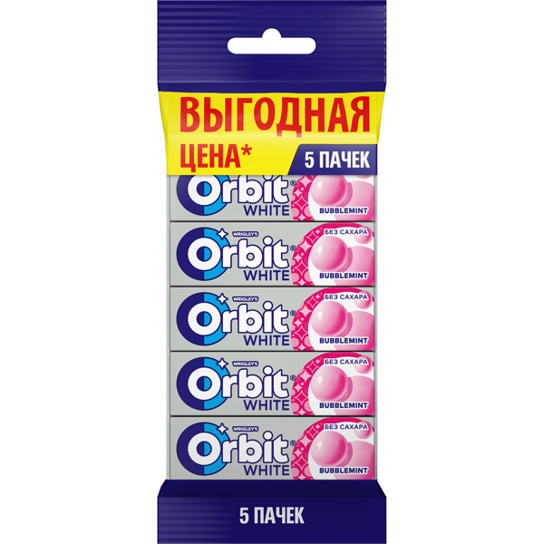 Жевательная резинка Orbit White Bubblemint без сахара, 5 шт по 13,6 г