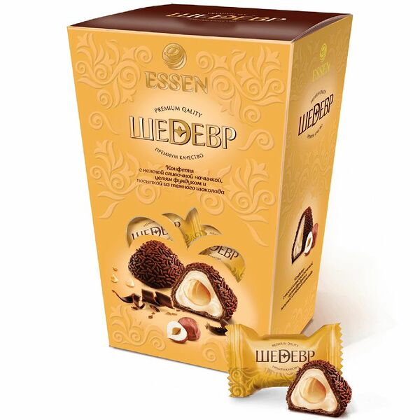 Конфеты Шедевр со сливочной начинкой, целым фундуком и темным шоколадом 145 г