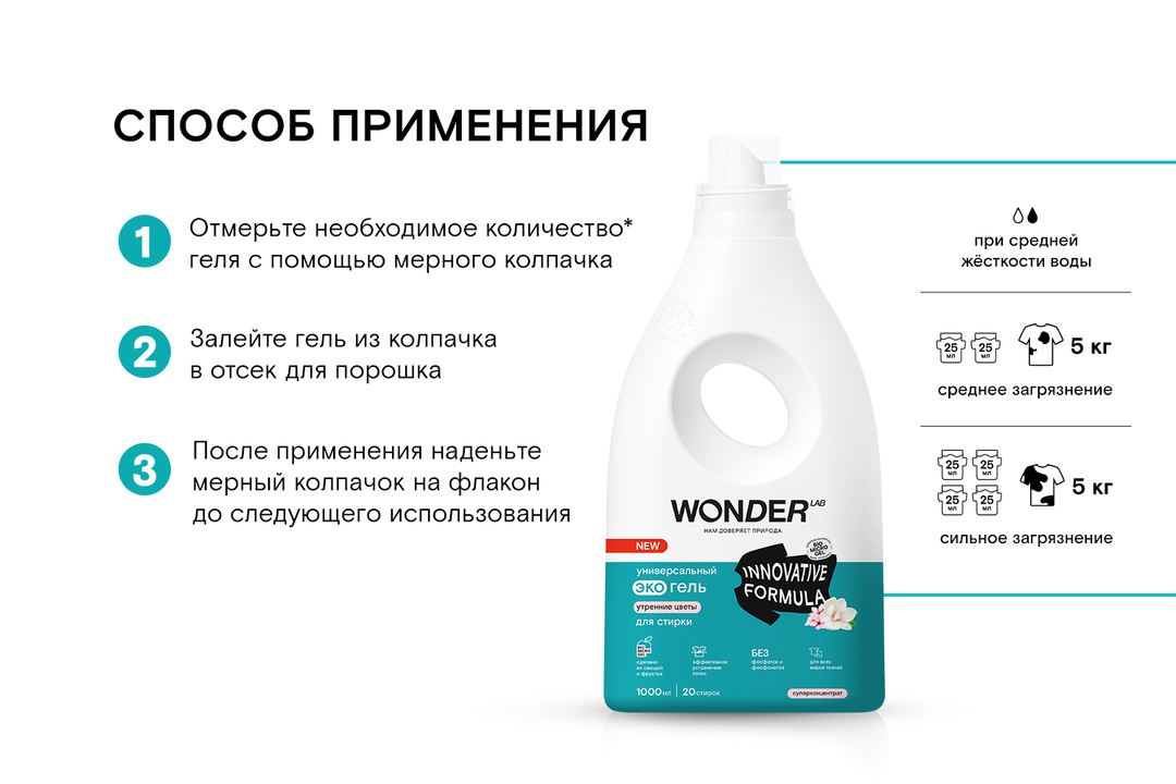 

Гель для стирки Wonder Lab Утренние цветы универсальный, 1 л