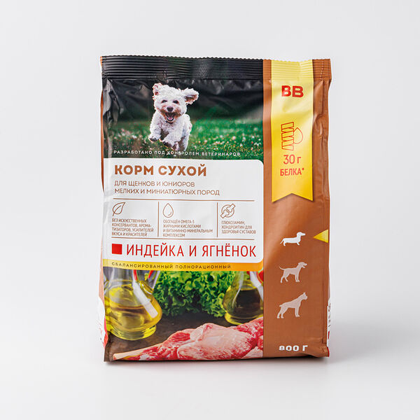 Корм сухой Вкусвилл для щенков, юниоров мелких и миниатюрных пород с индейкой и рисом, 800 г