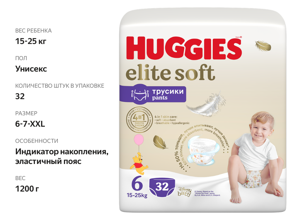 

Подгузники-трусики детские Huggies Elite Soft 6 15–25 кг 32 шт.