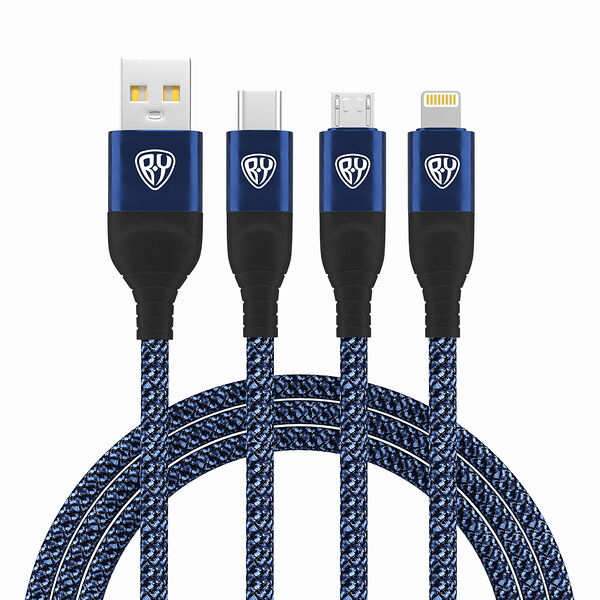 BY кабель для зарядки diverse 3в1 ip/microusb /type-c, 1.5 м, быстрая зарядка 2.4а, 12w, тканевый, синий