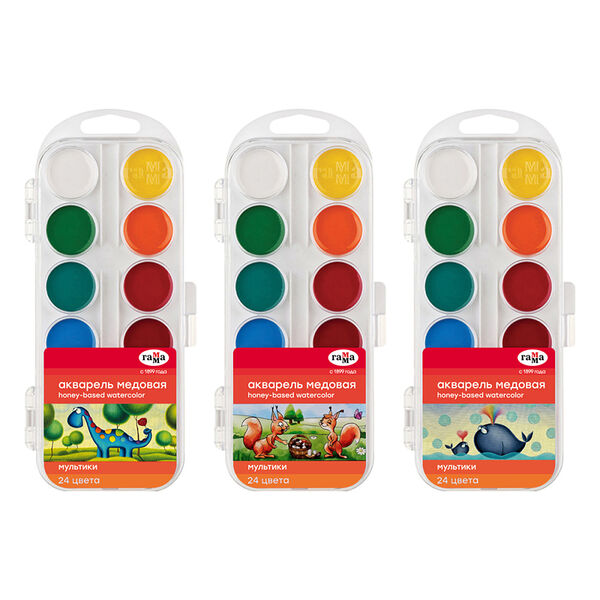 Акварель медовая полусухая Мультики, 24 цвета ТМ Гамма, 1шт, в ассортименте