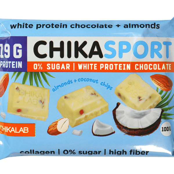Chikalab ChikaSport Шоколад протеиновый белый с миндалём и кокосовыми чипсами без сахара 100 г 1 шт