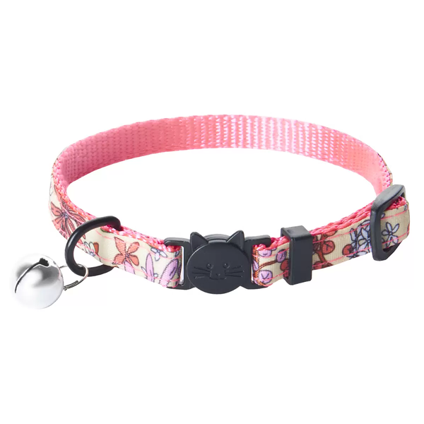 Ошейник для кошек ZOO ONE  Цветы  с безопасной пряжкой, бубенчиком красный 10мм 18х28см