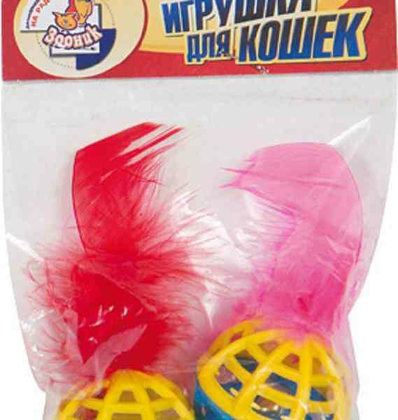 Погремушка для кошек Зооник с бубенчиком и пером, 2 шт.
