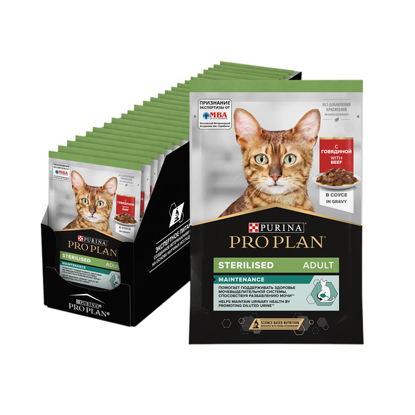 Pro Plan Nutrisavour Sterilised пауч для стерилизованных кошек и котов (кусочки в соусе) Говядина, 85 г. упаковка 26 шт, 2210 г