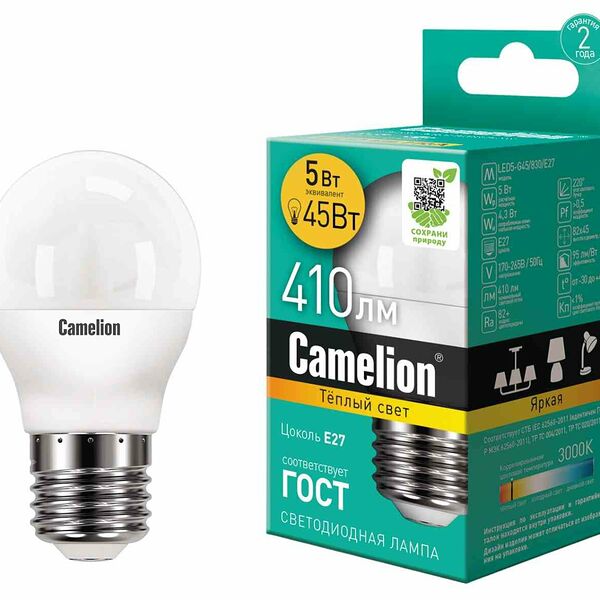 Лампа светодиодная Camelion Е27 3000К шар, 5 Вт