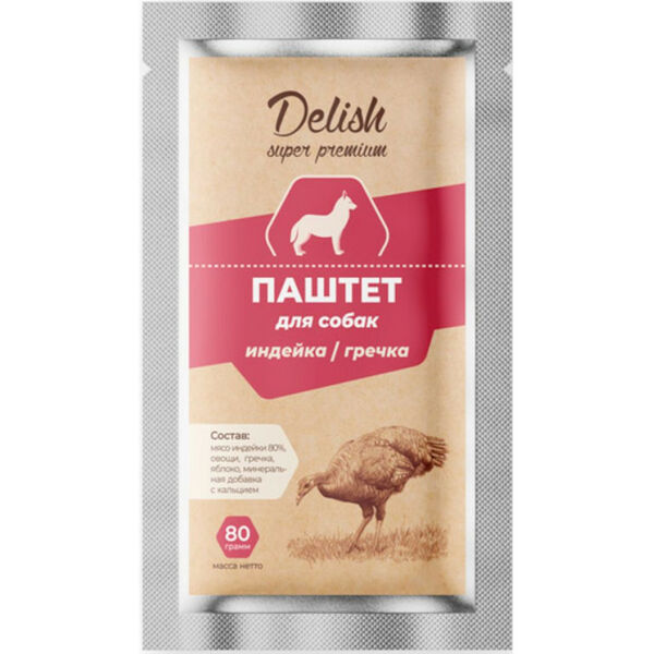 Delish Super Premium консервы для собак, паштет с индейкой и гречкой 80 г