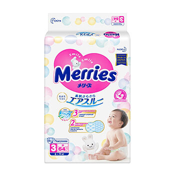 Подгузники для детей размер M (6-11кг), Merries, 64 шт.