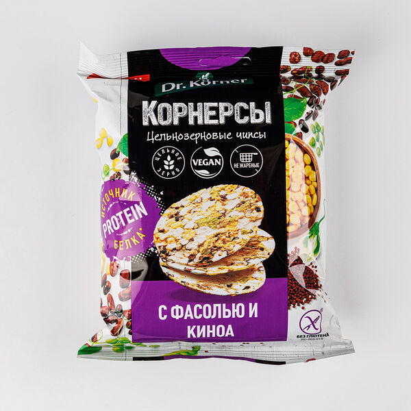 Чипсы цельнозерновые Dr.Korner кукурузно-рисовые с горошком, фасолью и киноа 50 г
