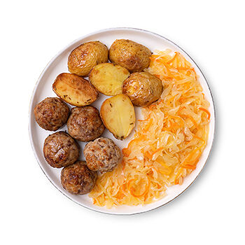 Фрикадельки шведские мясные TASTE OF Уже Готово с гарниром из картофеля беби и тушеной капусты
