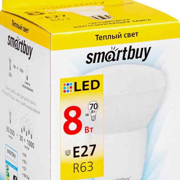 Лампа светодиодная SmartBuy Е27 3000К теплый свет, рефлектор, 8 Вт