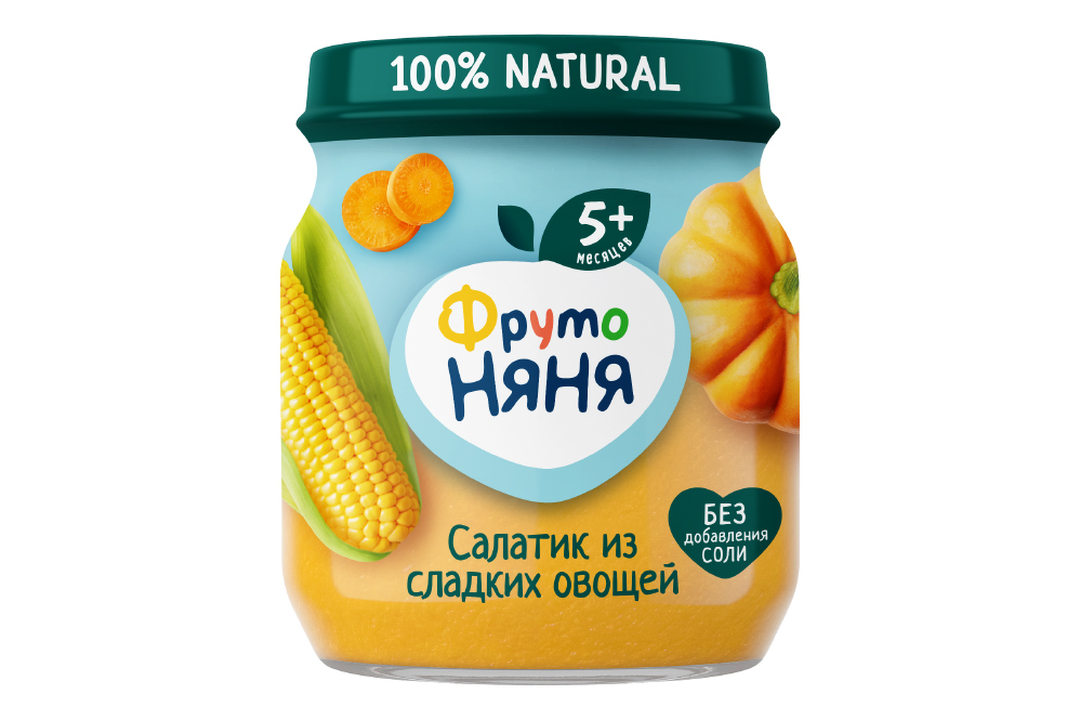 

Пюре овощное ФрутоНяня Салатик из сладких овощей, кукуруза, тыква и морковь, с 5 месяцев