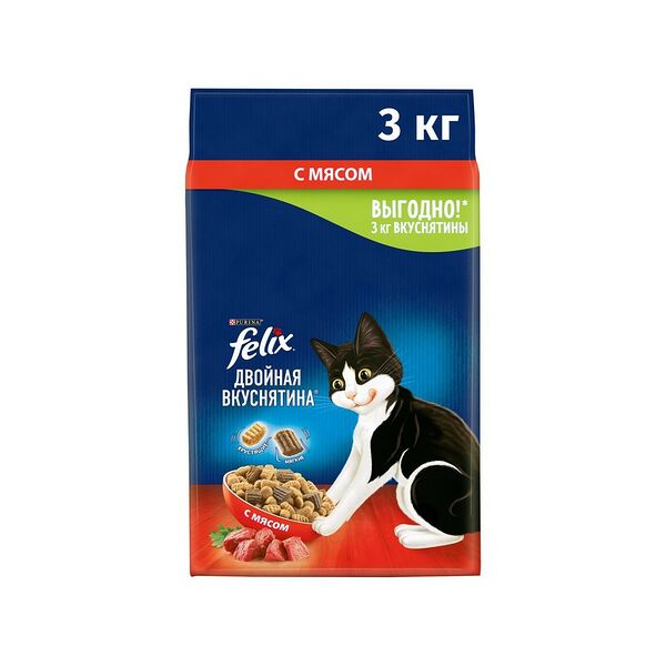 Корм сухой для кошек Феликс Двойная Вкуснятина мясо 3кг