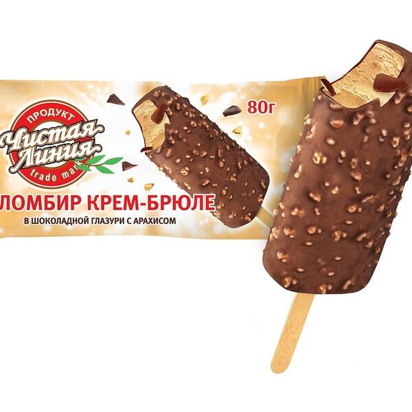 Мороженое Чистая Линия пломбир крем-брюле с арахисом в шоколадной глазури, эскимо 80г