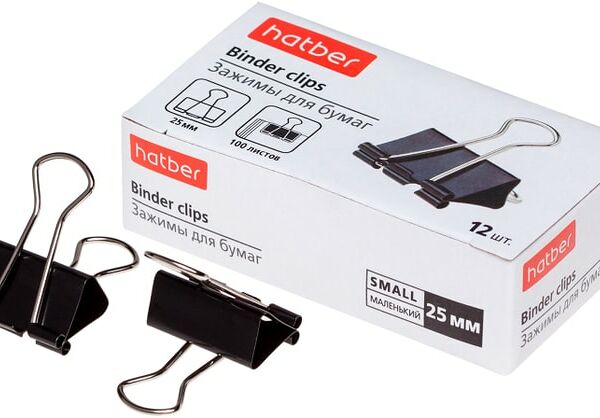 Зажимы для бумаг Hatber 25мм черные 12шт