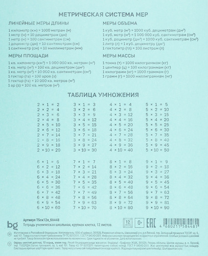 

Тетрадь BG 12 листов, в крупную клетку