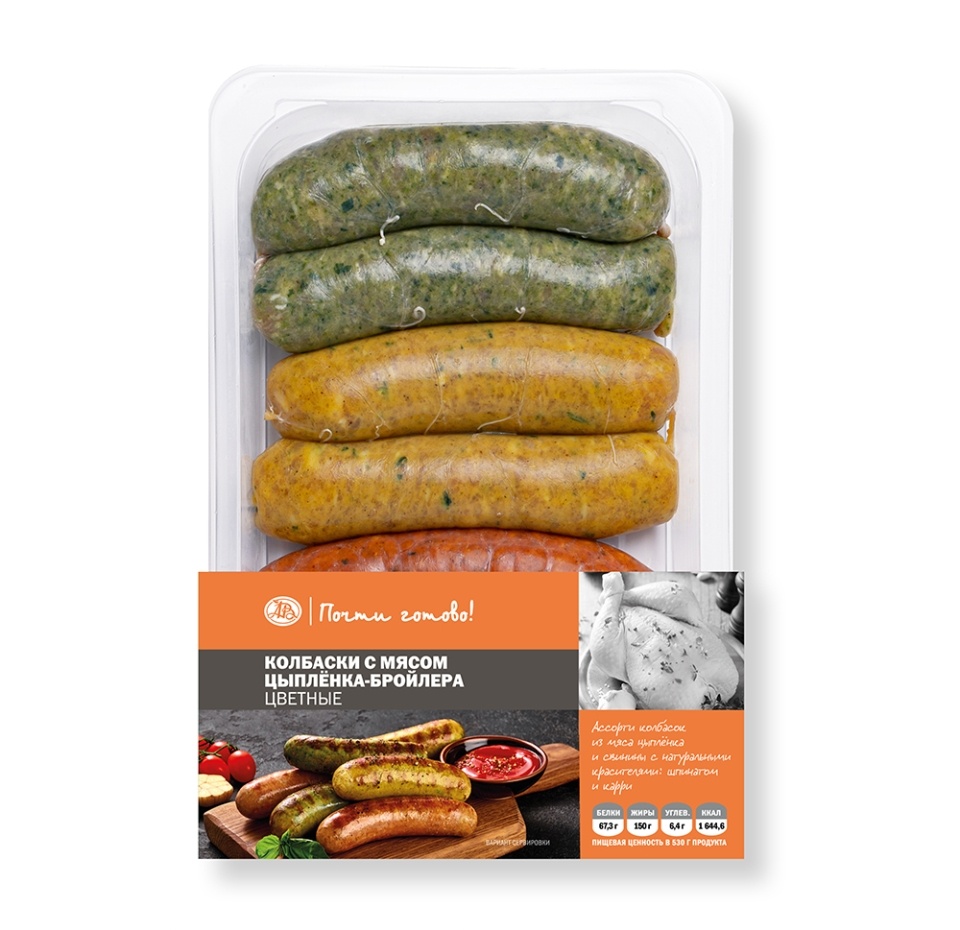

Колбаски с мясом цыпленка-бройлера цветные «Почти готово»
