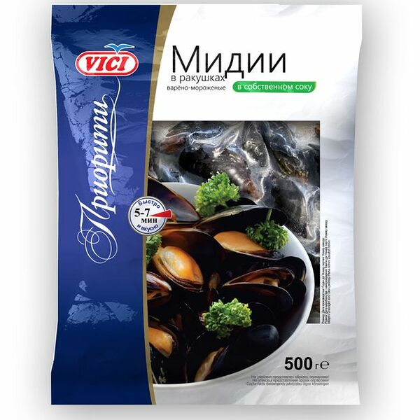 Мидии в ракушках Vici в собственном соку варено-мороженые 500 г