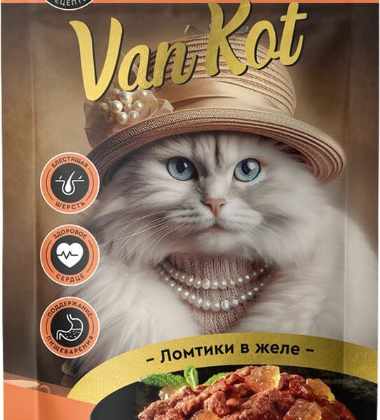 Корм влажный Van Kot Ломтики в желе с лососем и форелью для кошек полнорационный 75г