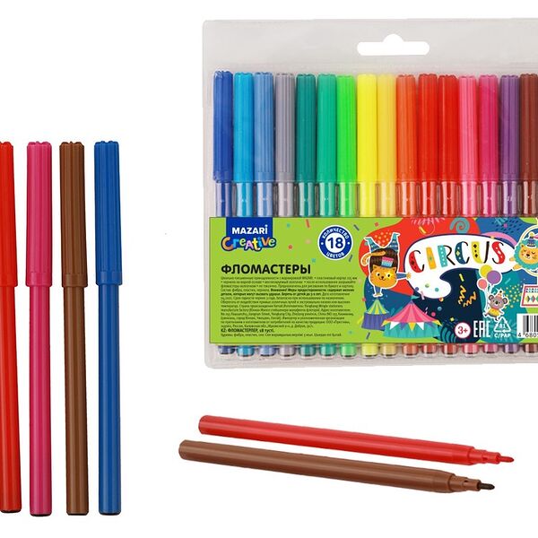 Фломастеры CIRCUS, 18 цв, вентилируемый колпачок, корпус круглый, ПВХ- упаковка с европодвесом арт. M-5092-18