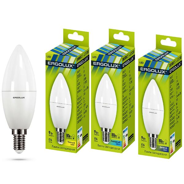 Лампа светодиодная ERGOLUX LED, 9Вт, E14, 4500K, 172-265В, свеча