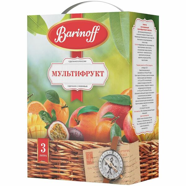 Напиток сокосодержащий Barinoff Мультифрукт с мякотью для детского питания, 3 л