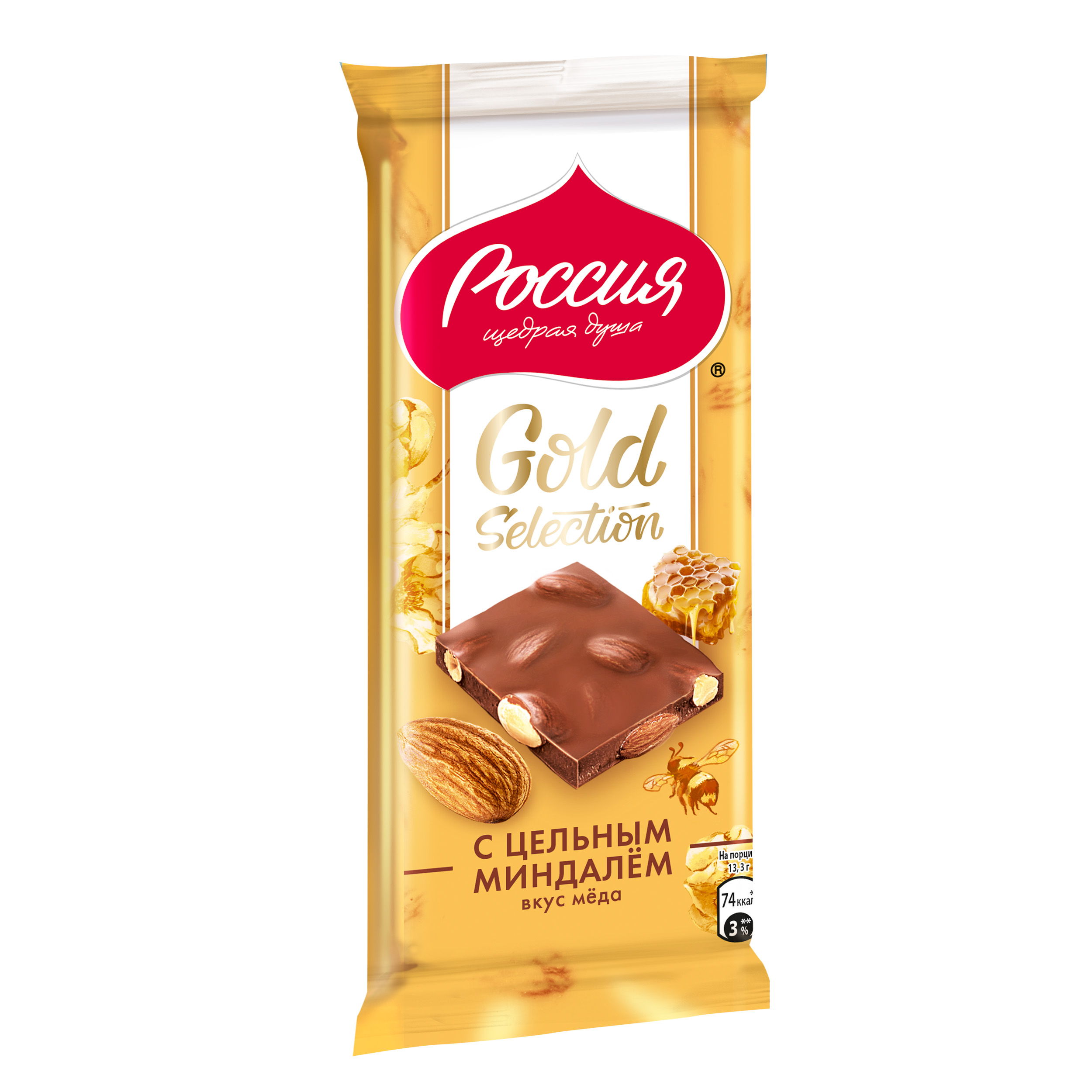 

Шоколад Россия - Щедрая душа! Gold Selection молочный с цельным миндалем вкус меда 80 г