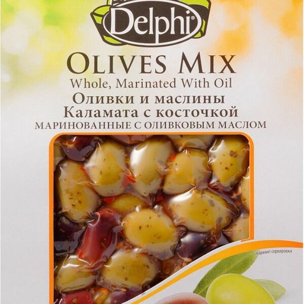 Оливки и маслины Каламата маринованные Delphi с косточкой с оливковым маслом