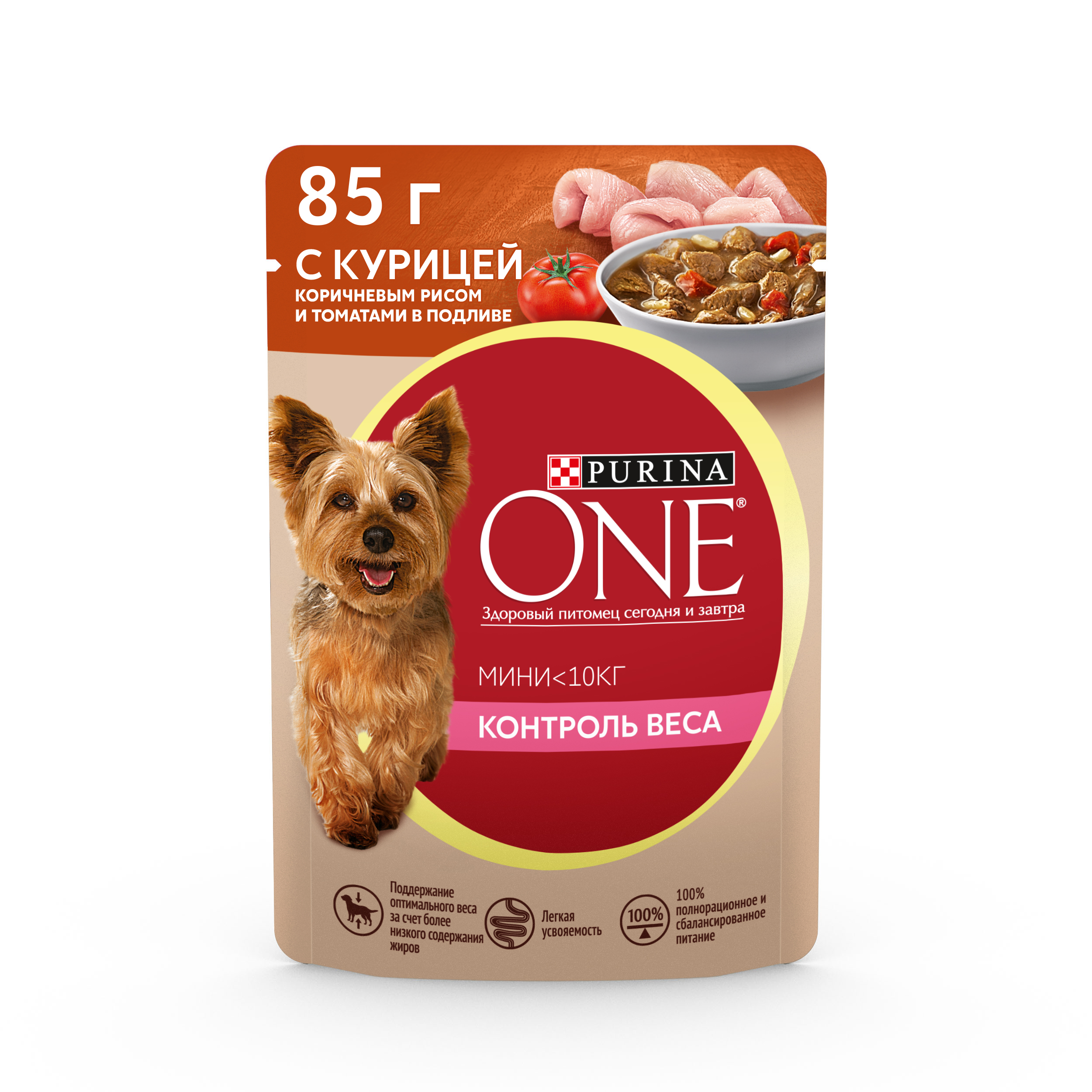 

Влажный корм Purina One Мини Контроль веса для взрослых собак мелких пород, с курицей, коричневым рисом и томатами в подливе 85 г