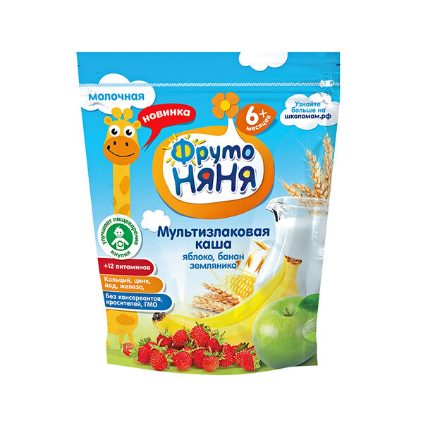 Каша сухая ФрутоНяня молочная мультизлаковая яблоко, банан, земляника с 6 месяцев