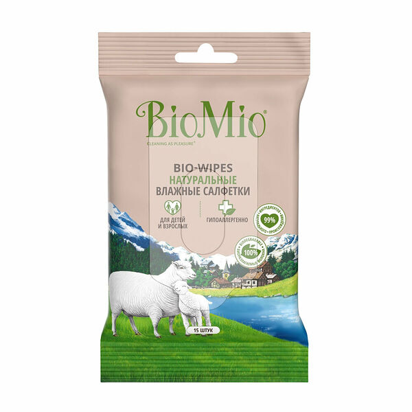 Влажные салфетки BioMio с экстрактом хлопка для детей и взрослых BioMio, 15 шт