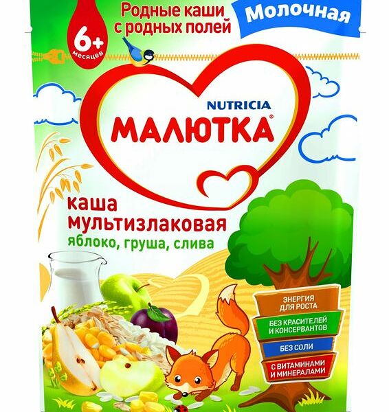 Каша Малютка многозерновая молочная яблоко-груша-слива с 6 месяцев