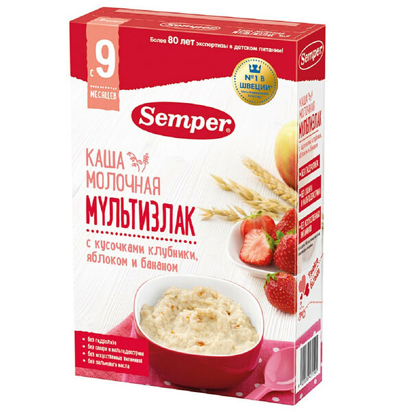 Каша молочная Semper Мультизлак с кусочками клубники, яблоком и бананом