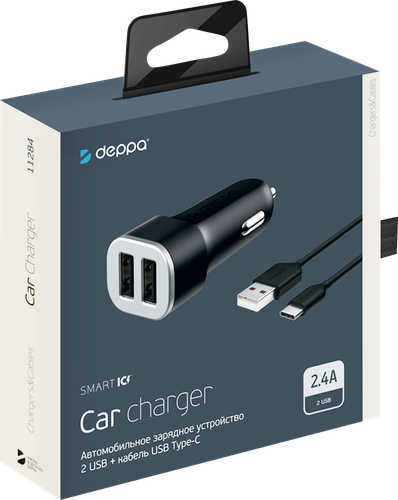 

Устройство зарядное DEPPA автомобильное Ultra 2 USB 2.4А + кабель USB Type-C, черный