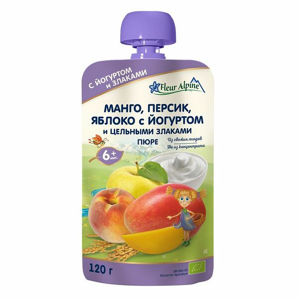 Пюре детское Fleur Alpine Манго, персик, яблоко с йогуртом и цельными злаками, с 6 месяцев, 120г