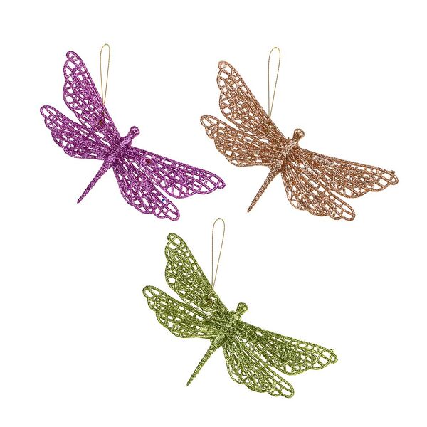 Сноу бум набор подвесок 3 шт. в виде стрекоз, глиттер, золото, салатовый, фуксия пластик, 17см